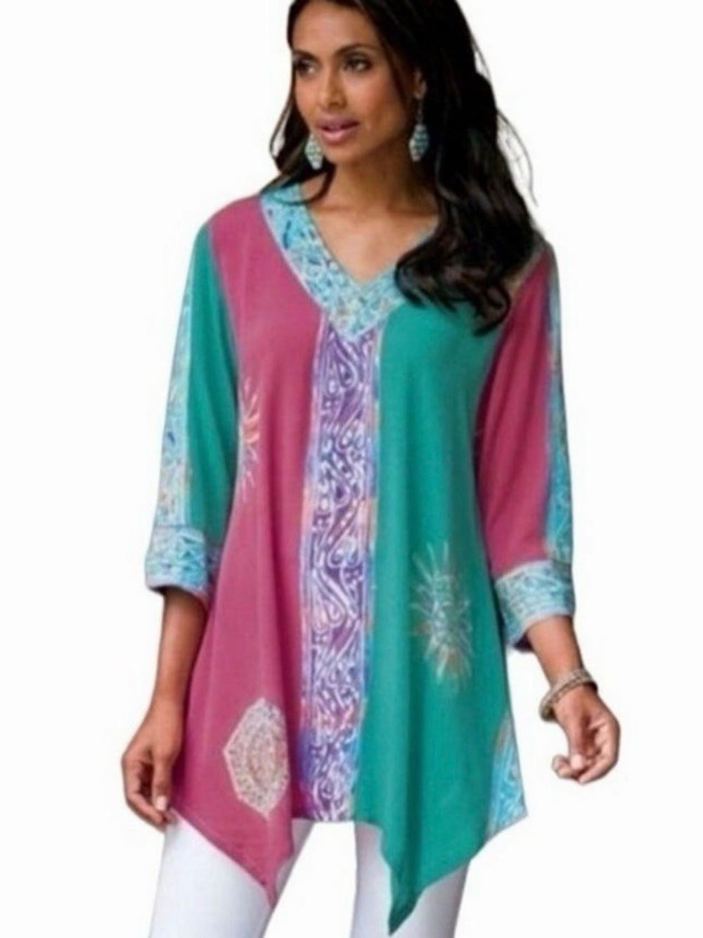 Soft Surroundings Tunic Blouse Sz Small Teal NWT Mystic Batik Gypsy Boho Hippie